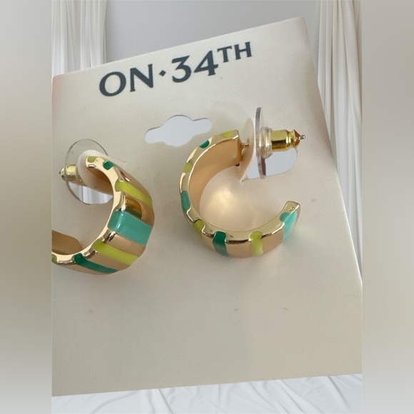 Gold and Green Striped Hoop Earrings - Picture 2 of 3